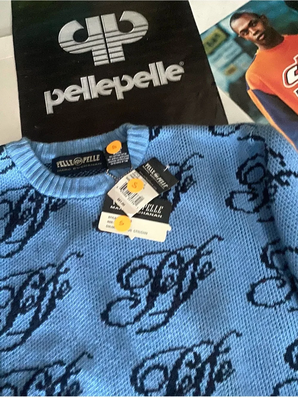 Pelle Pelle Light Blue Crewneck Sweater with Navy Script Logo - Picture 3 of 7